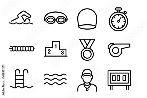 Swimming Icon Set. Outline icon set of competitive swimming: swimmer, goggles, swim cap, stopwatch, lane ropes