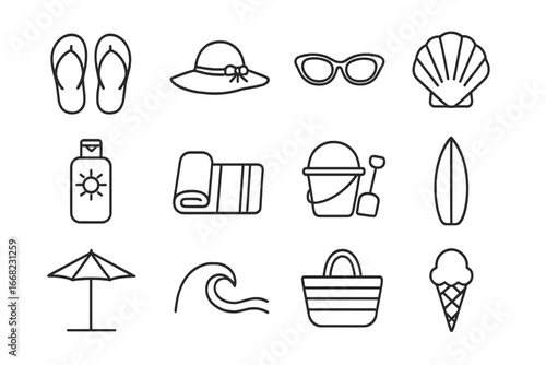 Beach Vacation Icons. Outline icon set of beach vacation: flip flops, sun hat, sunglasses, seashell, sunscreen