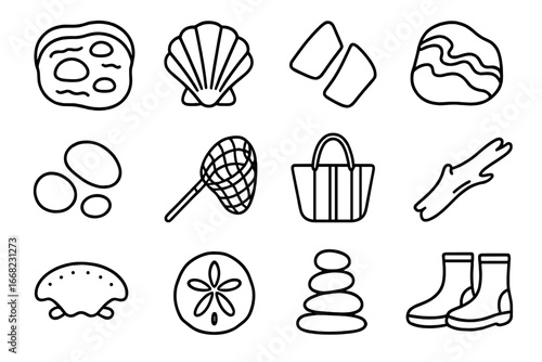 Beachcombing Icon Collection. Outline vector icons of beachcombing and coastal rock collecting: tide pool,