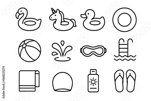 Inflatable Pool Icons. Outline icon set of inflatable pool toys: flamingo float, unicorn float, duck float,