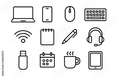 Beachside Productivity Icons. Outline icon set of beachside productivity tools: laptop, smartphone, mouse,