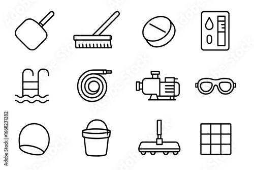 Pool Maintenance Icons. Outline icon set of pool maintenance: net skimmer, pool brush, chlorine tablet, water