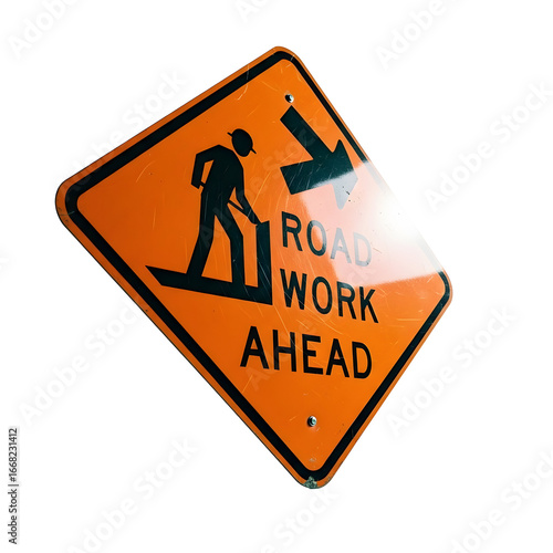Isolated road work ahead warning sign with a worker icon, a universal symbol for caution, construction, and traffic safety on a clean white background
