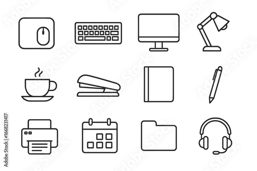 Desktop Icon Set. Outline icon set of desktop work accessories: mouse pad, keyboard, monitor, desk lamp,