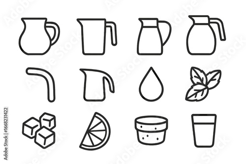 Beverage Pitcher Icons. Outline icon set of beverage pitchers: glass pitcher, plastic jug, stainless steel