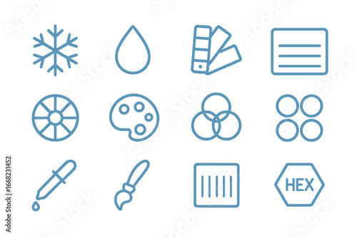 Cool Tone Icons. Outline icon set of cool tone palettes: snowflake, water droplet, paint swatch, gradient bar,