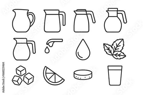 Beverage Pitcher Icons. Outline icon set of beverage pitchers: glass pitcher, plastic jug, stainless steel