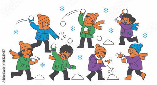 Cartoon Kids Playing Snowball Fight on a Winter Day Illustration