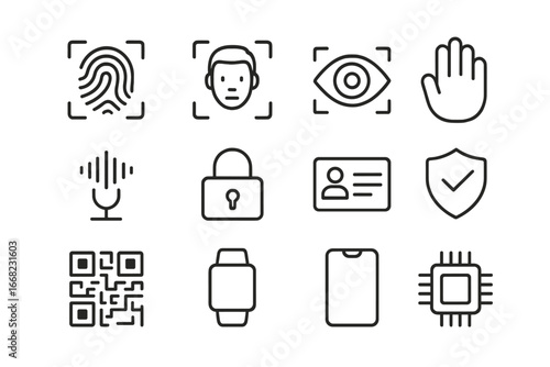 Biometric Authentication Icons. Outline icon set of biometric authentication: fingerprint, face scan, iris