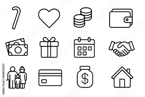 Elderly Care Icons. Outline icon set of supporting elderly family members: walking cane, heart, coins, wallet,