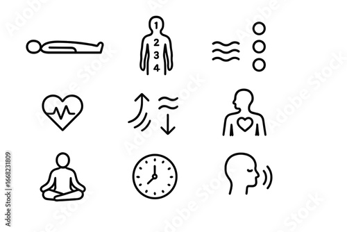 Body Scan Meditation Icons. Outline icon set of body scan meditation: lying down person, numbered body parts,