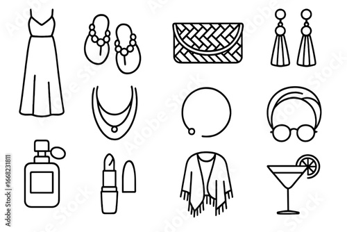 Bohemian Summer Icons. Outline icon set of bohemian summer night style: maxi dress, beaded sandals, woven