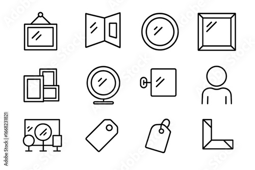 Mirror Icon Collection. Outline icon set of mirror shop display: wall mirrors, corner mirrors, round mirrors,