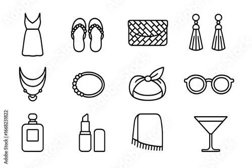 Bohemian Summer Icons. Outline icon set of bohemian summer night style: maxi dress, beaded sandals, woven
