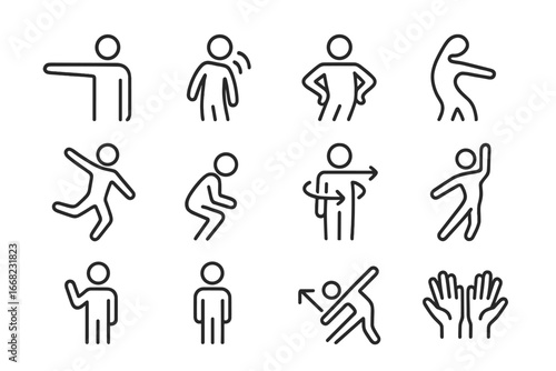 Body Movement Icons. Outline icon set of body movement expression: extended arm, head tilt, hip motion, body