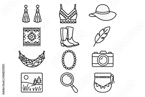 Boho Fashion Icons. Outline vector icons of boho fashion shoot: tassel earrings, crochet top, floppy hat,
