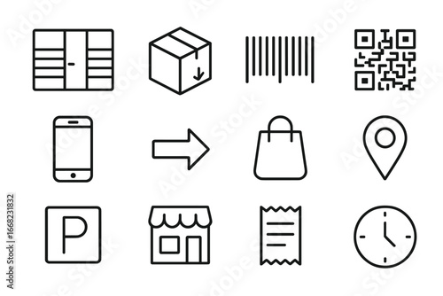 Parcel Locker Icon Set. Outline icon set of parcel locker signage: locker icon, box, barcode, QR code,
