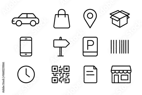 Curbside Collection Icons. Outline icon set of curbside collection signage: car icon, shopping bag, location