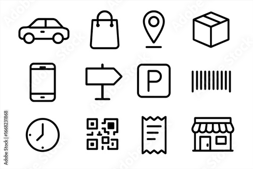 Curbside Collection Icons. Outline icon set of curbside collection signage: car icon, shopping bag, location