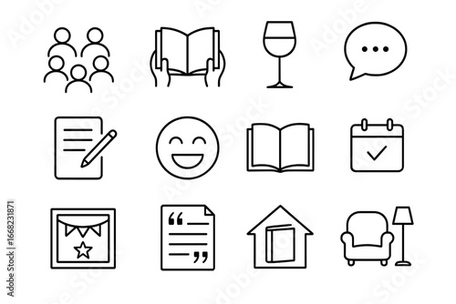 Book Club Icons. Outline icon set of book club moments: group circle, shared book, wine glass, discussion