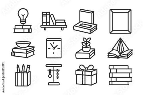 Book Decor Icons. Outline icon set of repurposed book décor: lamp base, wall shelf, secret storage, picture