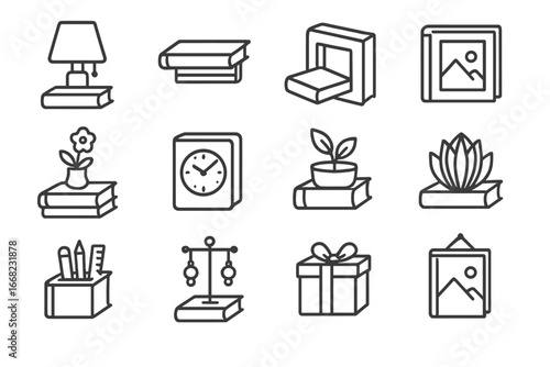 Book Decor Icons. Outline icon set of repurposed book décor: lamp base, wall shelf, secret storage, picture