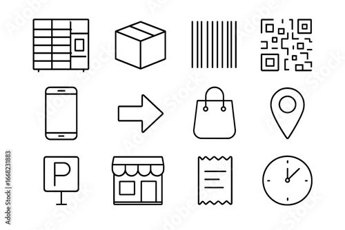Parcel Locker Icon Set. Outline icon set of parcel locker signage: locker icon, box, barcode, QR code,
