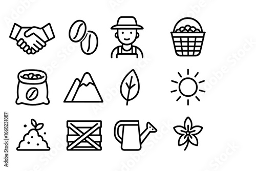 Fair Trade Coffee Icons. Outline icon set of fair trade coffee farming: handshake, coffee beans, farmer,