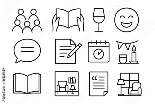 Book Club Icons. Outline icon set of book club moments: group circle, shared book, wine glass, discussion