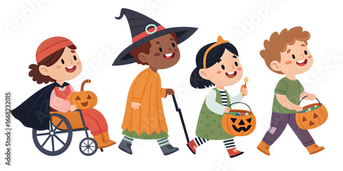 Inclusive Halloween trick-or-treat illustration with kids with disabilities