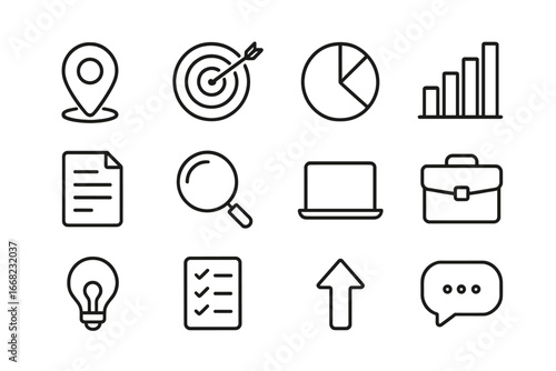 Brand Analysis Icons. Outline icon set of brand positioning analysis: map pin, target, pie chart, bar chart,