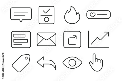 Brand Engagement Icons. Outline icon set of brand engagement icons: poll sticker, quiz icon, fire emoji, heart