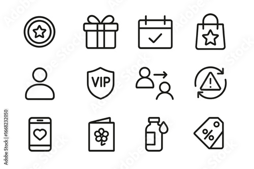 Brand Loyalty Icons. Outline icon set of brand loyalty: reward points, gift box, subscription plan, branded
