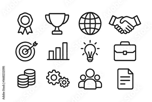 Brand Success Icons. Outline icon set of brand recognition success: award, trophy, globe, handshake, target,