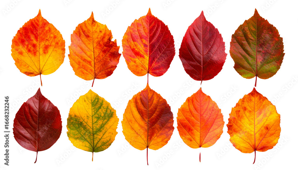 Obraz premium Ten colorful autumn leaves showing changing seasons on transparent background