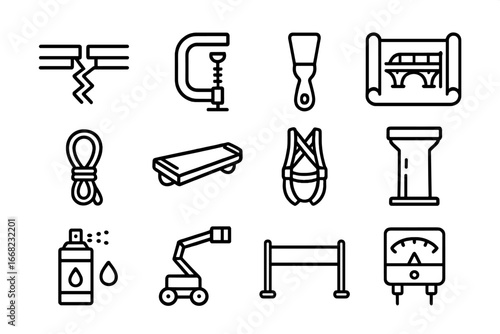Bridge Maintenance Icons. Outline icon set of bridge and overpass maintenance: joint expansion seal, railing