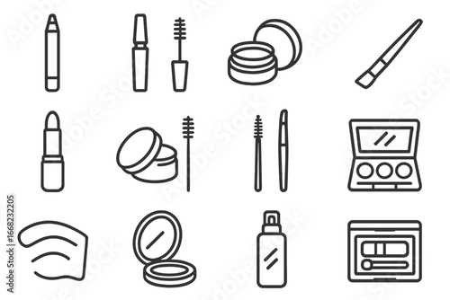Brow Makeup Icons. Outline icon set of brow makeup essentials: eyebrow pencil, brow gel, brow pomade, brow