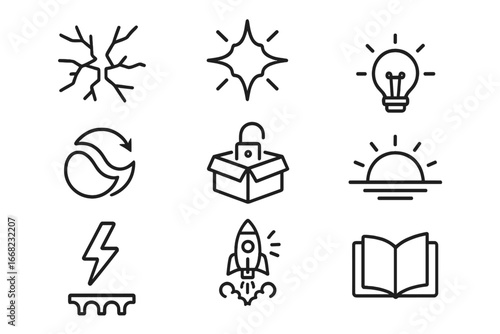 Breakthrough Icon Set. Outline icon set of breakthrough moments: cracked wall, explosion, idea spark, rising