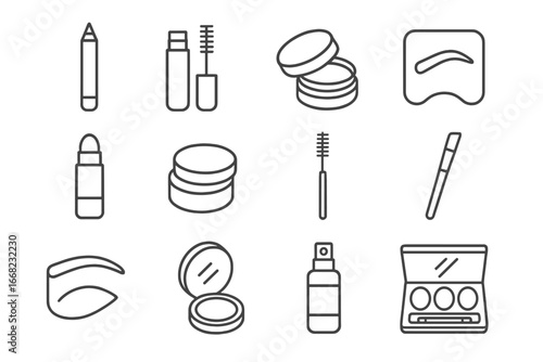 Brow Makeup Icons. Outline icon set of brow makeup essentials: eyebrow pencil, brow gel, brow pomade, brow