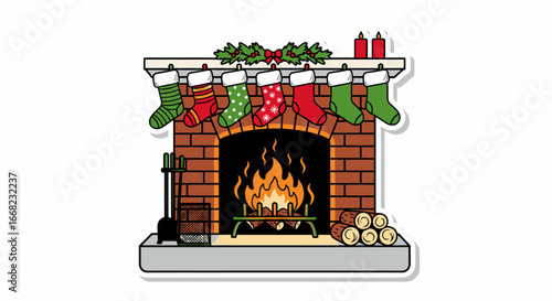 Festive Fireplace with Christmas Stockings Illustration