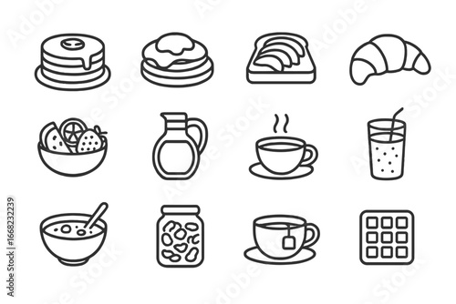 Brunch Icon Collection. Outline icon set of weekend brunch favorites: pancake stack, eggs benedict, avocado