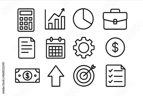 Budget Management Icons. Outline icon set of budget management in marketing: calculator, chart, pie chart,