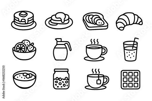 Brunch Icon Collection. Outline icon set of weekend brunch favorites: pancake stack, eggs benedict, avocado