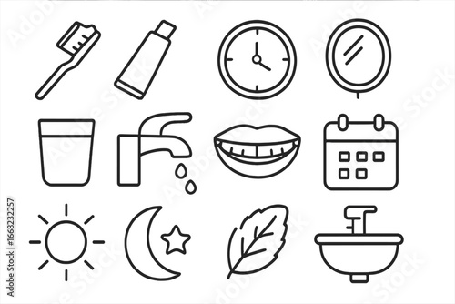Brushing Routine Icons. Outline icon set of brushing teeth routine: brush, toothpaste, clock, mirror, rinse