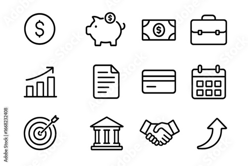 Business Funding Icons. Outline icon set of funding small business: coin, piggy bank, banknote, briefcase,