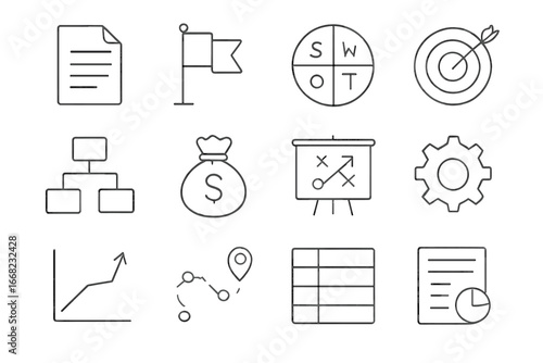 Business Plan Icons. Outline vector icons of creating a business plan: document icon, mission statement, SWOT