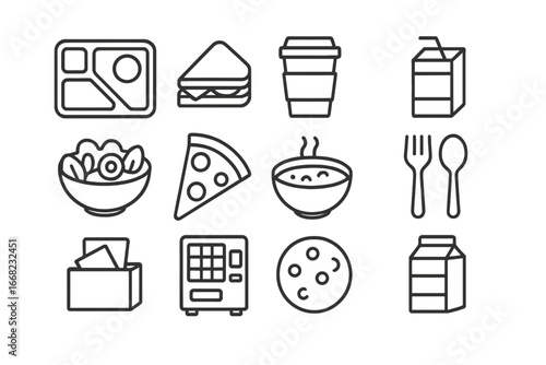 Cafeteria Essentials Icons. Outline icon set of campus cafeteria: food tray, sandwich, coffee cup, juice box,