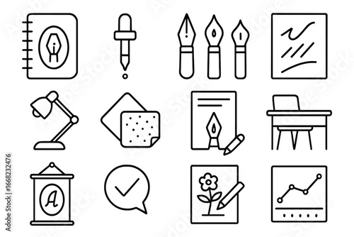 Calligraphy Class Icons. Outline icon set of calligraphy class supplies: calligraphy notebook, ink dropper,