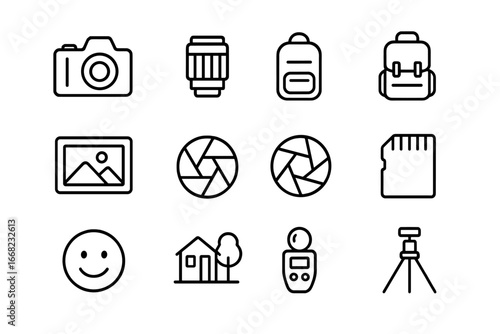 Candid Photography Icons. Outline icon set of candid photography: camera, lens, wrist strap, backpack, photo