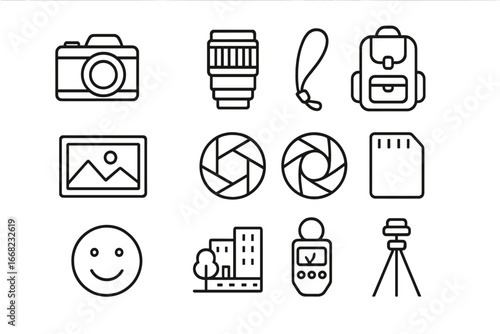 Candid Photography Icons. Outline icon set of candid photography: camera, lens, wrist strap, backpack, photo